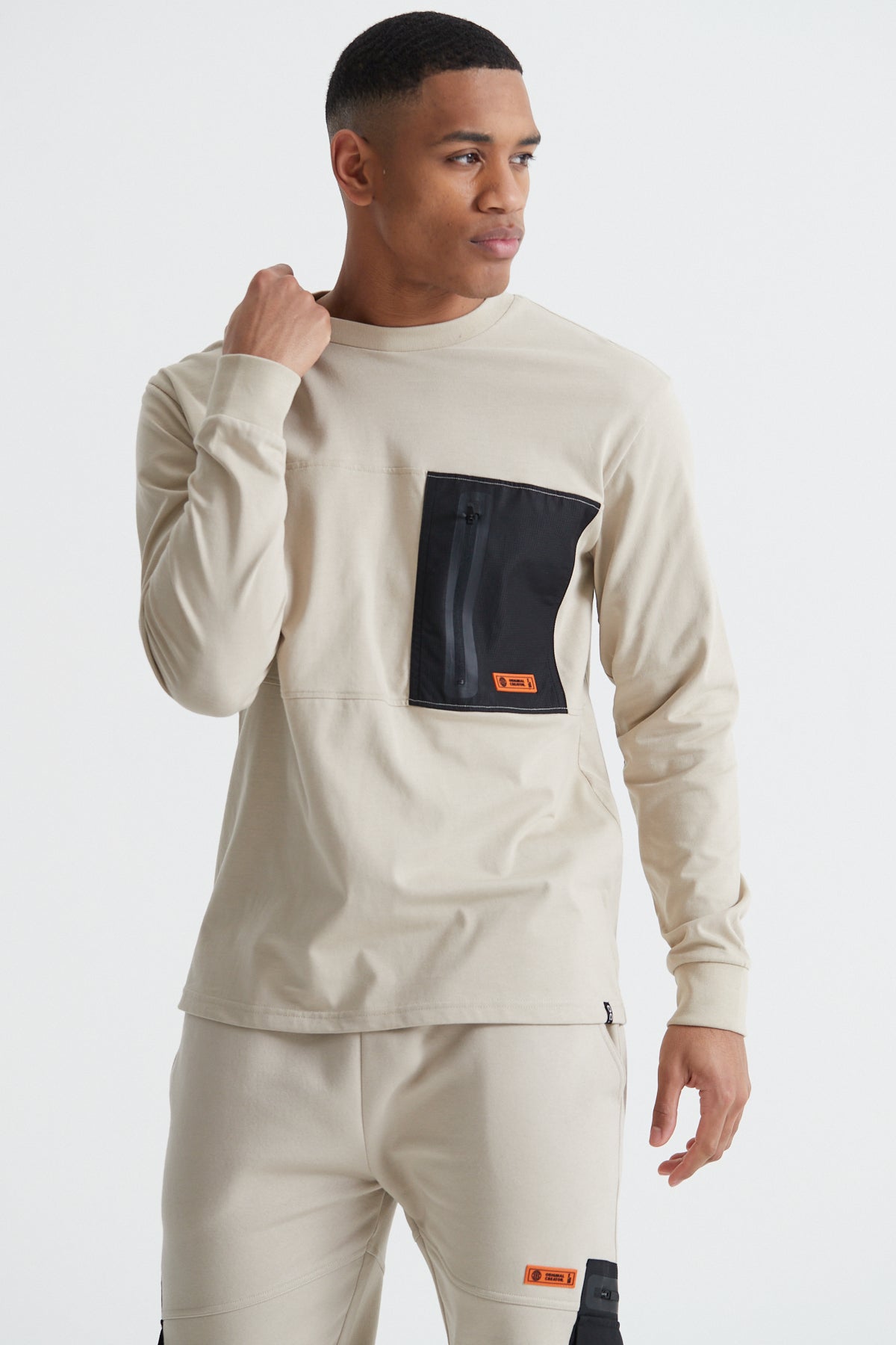 Cargo Zip Long Sleeve T-shirt - Sand Stone