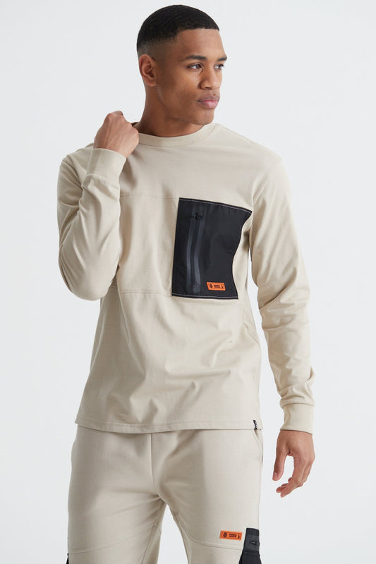 Cargo Zip Long Sleeve T-shirt - Sand Stone