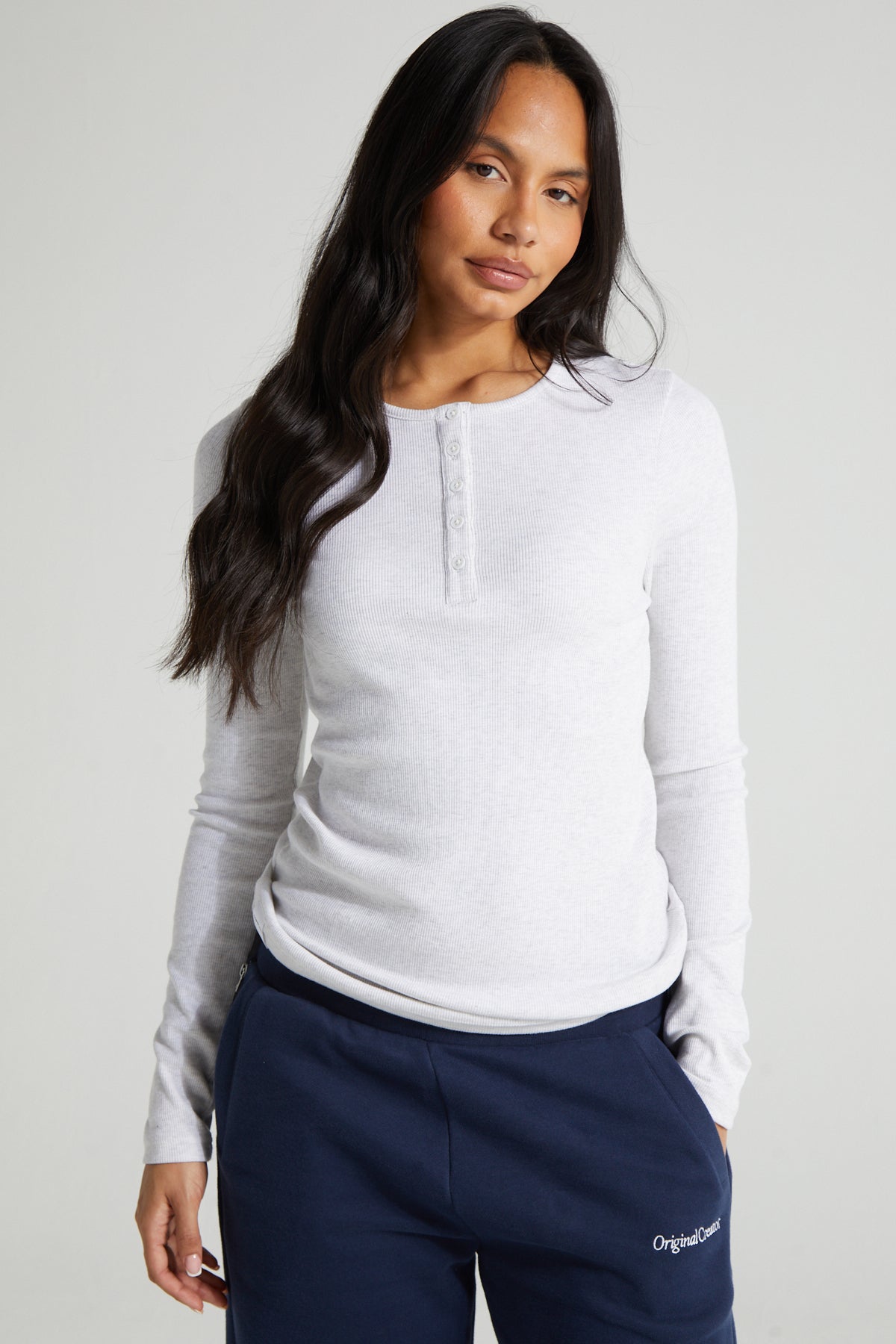 Long Sleeve Slim Fit Top - White Marl